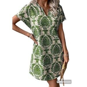Summer Green Allover Print Notched Neck Batwing Sleeve Tunic Dress Size Medium